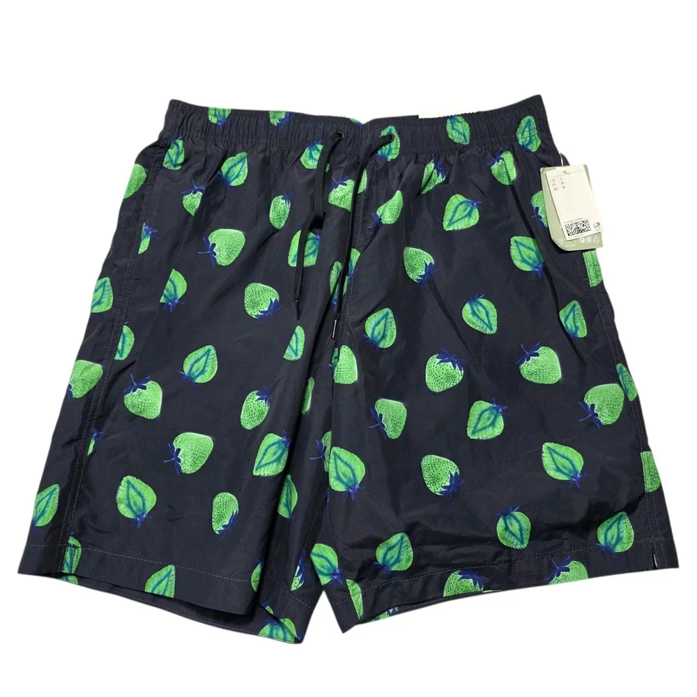 H&M Swim Shorts Mens Large Black Green Strawberry Print Knee‎ Length Trunks NEW